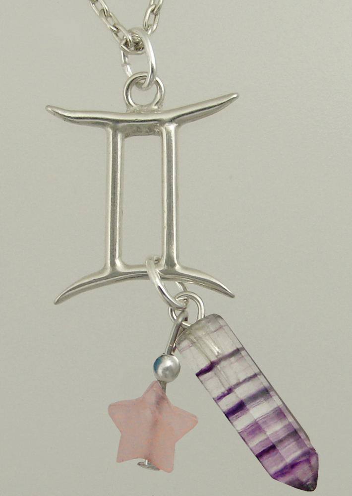 Sterling Silver Gemini Pendant Necklace With an Fluorite Crystal And a Rose Quartz Star